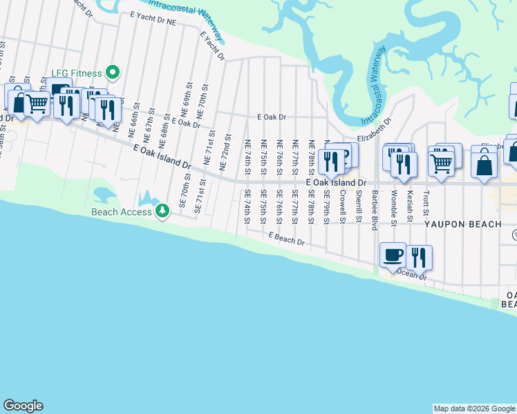map of restaurants, bars, coffee shops, grocery stores, and more near 111 Southeast 75th Street in Oak Island
