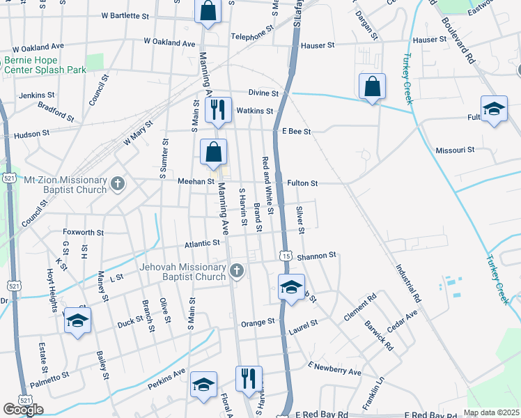 map of restaurants, bars, coffee shops, grocery stores, and more near 201 Brand Street in Sumter