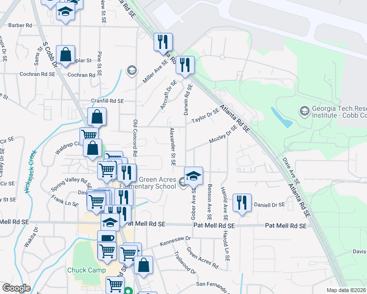 map of restaurants, bars, coffee shops, grocery stores, and more near 1862 Hawkins Street in Smyrna