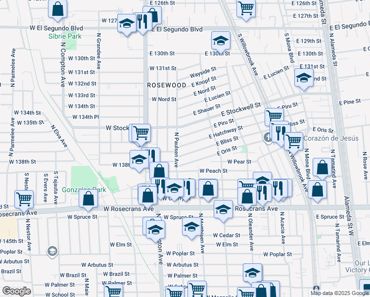 map of restaurants, bars, coffee shops, grocery stores, and more near 2018 East Hatchway Street in Compton