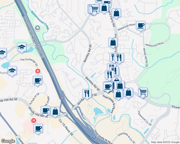 map of restaurants, bars, coffee shops, grocery stores, and more near 1990 Kimberly Village Lane in Marietta