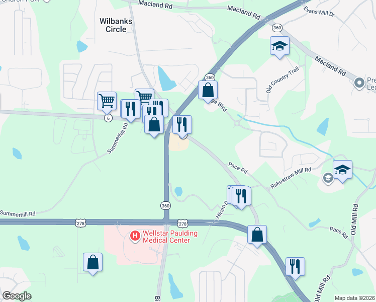 map of restaurants, bars, coffee shops, grocery stores, and more near 3920 Atlanta Highway in Hiram