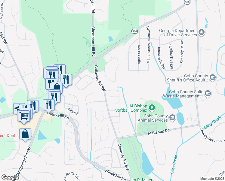 map of restaurants, bars, coffee shops, grocery stores, and more near 1481 Chapel Hill Ln SW in Marietta