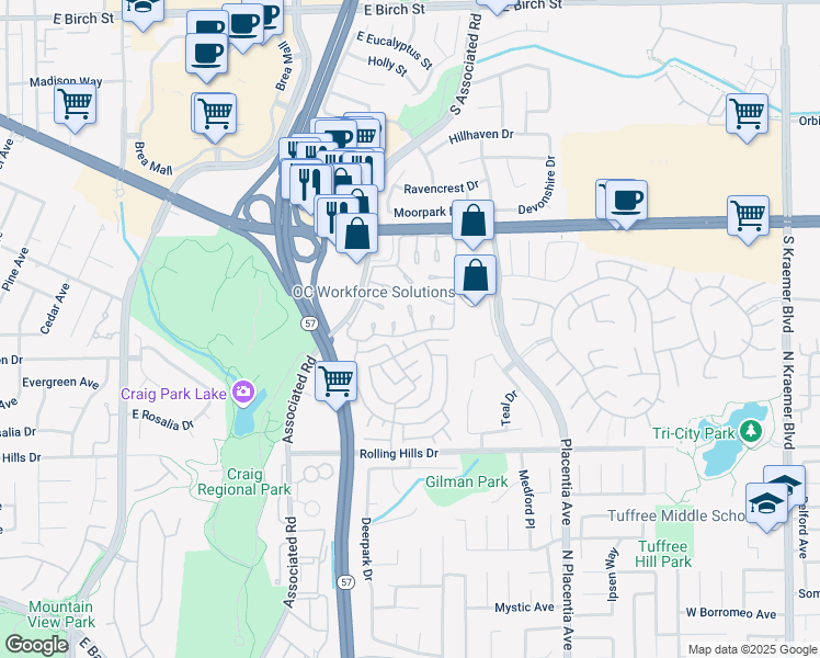 map of restaurants, bars, coffee shops, grocery stores, and more near 3100 Briarwood Court in Fullerton