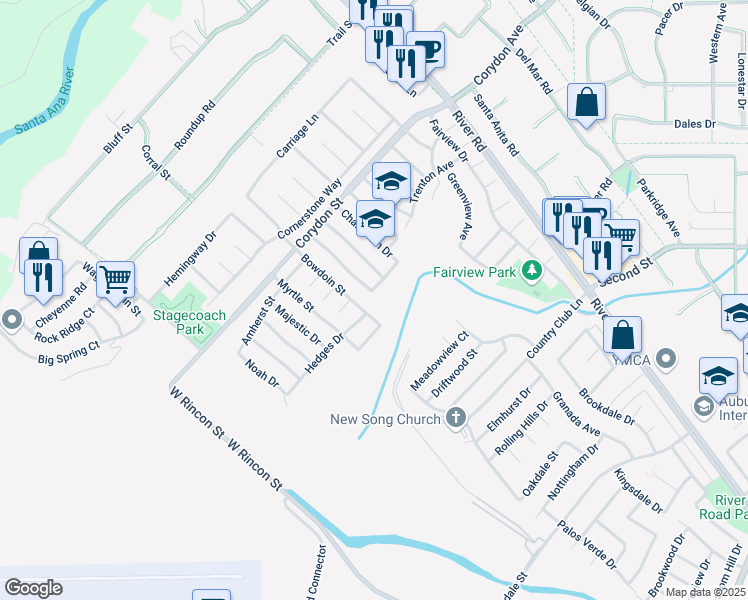 map of restaurants, bars, coffee shops, grocery stores, and more near 1013 Stamford Court in Corona