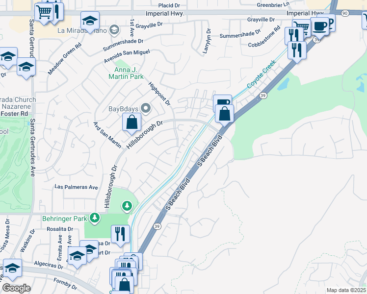 map of restaurants, bars, coffee shops, grocery stores, and more near 13609 Netto Ridge Court in La Mirada