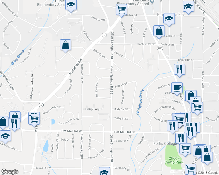 map of restaurants, bars, coffee shops, grocery stores, and more near 6 Judy Drive Southwest in Marietta