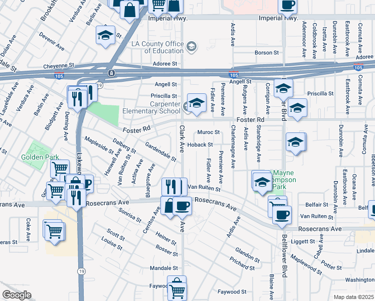map of restaurants, bars, coffee shops, grocery stores, and more near 13604 Clark Avenue in Bellflower