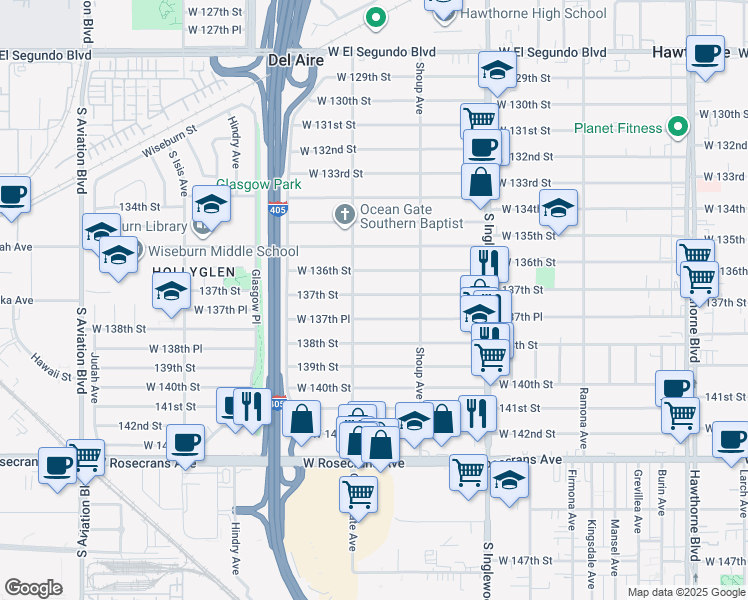 map of restaurants, bars, coffee shops, grocery stores, and more near 5022 137th Street in Hawthorne