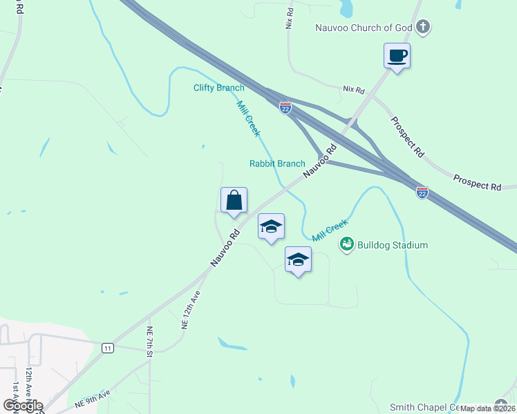 map of restaurants, bars, coffee shops, grocery stores, and more near 2103-2259 Nauvoo Road in Carbon Hill