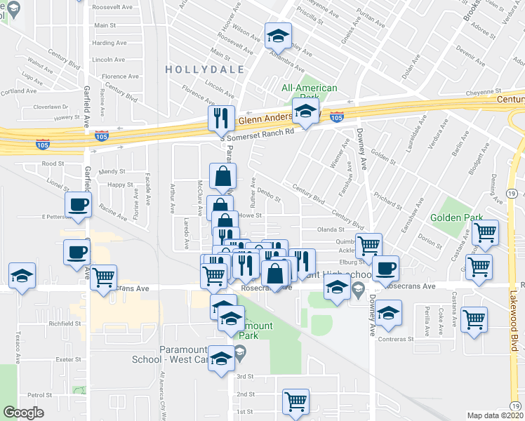 map of restaurants, bars, coffee shops, grocery stores, and more near 13931 Orizaba Avenue in Paramount