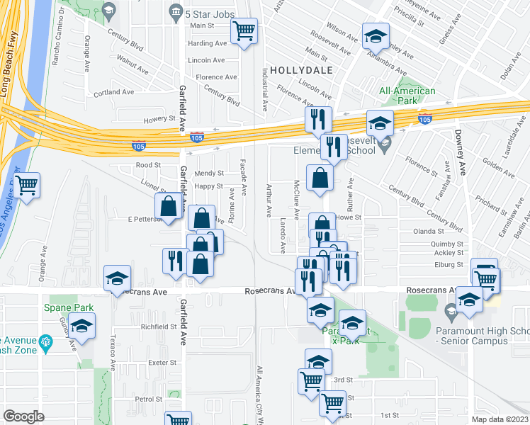 map of restaurants, bars, coffee shops, grocery stores, and more near 13955 Arthur Avenue in Paramount