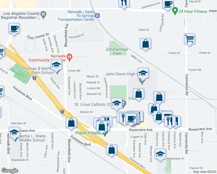 map of restaurants, bars, coffee shops, grocery stores, and more near 13624 Greenstone Avenue in Norwalk