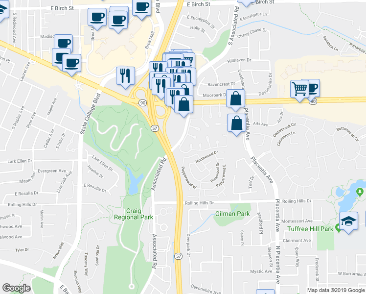 map of restaurants, bars, coffee shops, grocery stores, and more near 2993 Gingerwood Circle in Fullerton