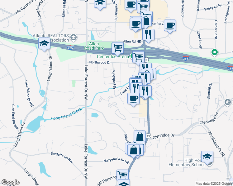 map of restaurants, bars, coffee shops, grocery stores, and more near 11 Kingsport Drive in Sandy Springs