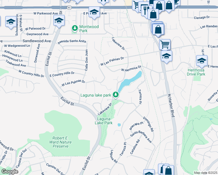 map of restaurants, bars, coffee shops, grocery stores, and more near 813 Ride Out Way in Fullerton
