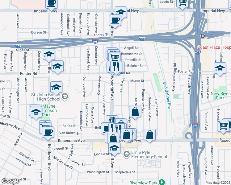 map of restaurants, bars, coffee shops, grocery stores, and more near 13632 Woodruff Avenue in Bellflower