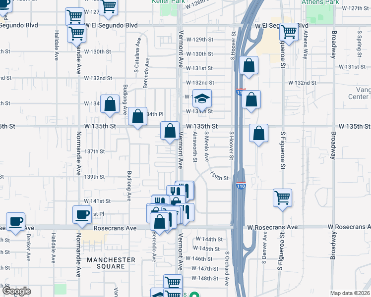 map of restaurants, bars, coffee shops, grocery stores, and more near 13620 South Vermont Avenue in Gardena