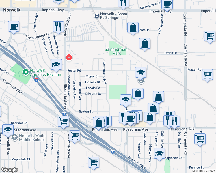 map of restaurants, bars, coffee shops, grocery stores, and more near 13624 Greenstone Avenue in Norwalk