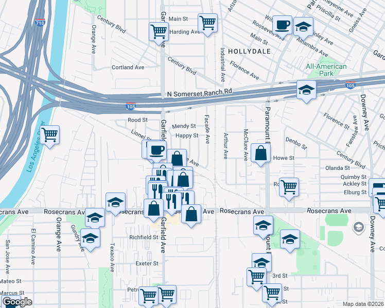 map of restaurants, bars, coffee shops, grocery stores, and more near 13944 Brightwell Avenue in Paramount