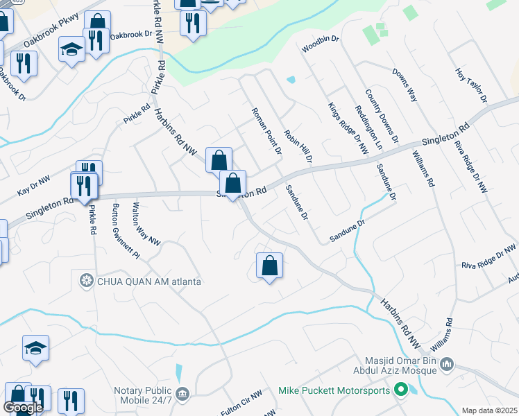map of restaurants, bars, coffee shops, grocery stores, and more near 956 6 Oaks Circle in Norcross