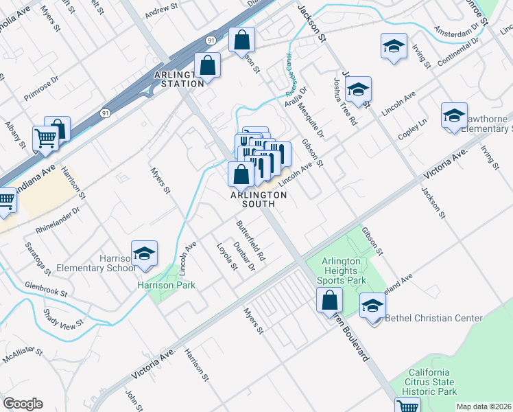 map of restaurants, bars, coffee shops, grocery stores, and more near 9510 Lincoln Avenue in Riverside