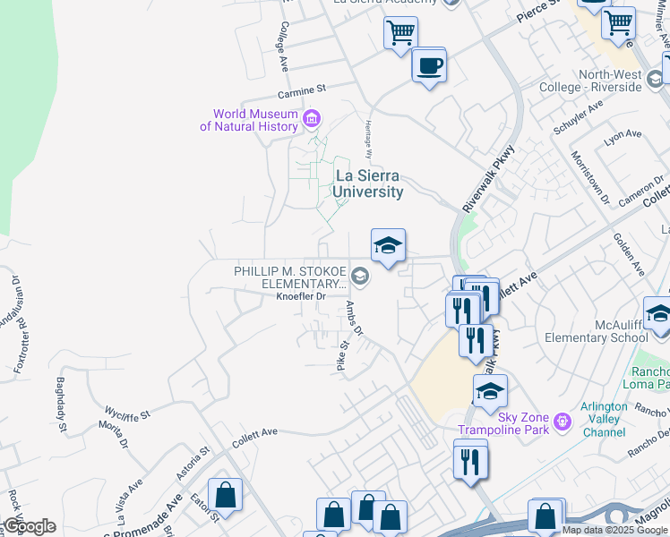 map of restaurants, bars, coffee shops, grocery stores, and more near 4570 Ambs Drive in Riverside