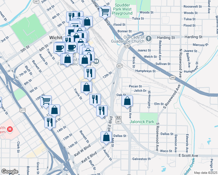 map of restaurants, bars, coffee shops, grocery stores, and more near 1301 Indiana Avenue in Wichita Falls