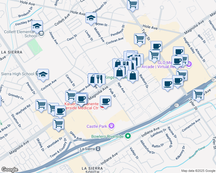 map of restaurants, bars, coffee shops, grocery stores, and more near Magnolia Ave & Polk St in Riverside