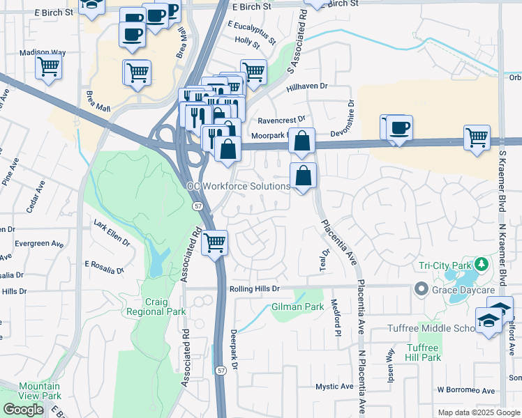 map of restaurants, bars, coffee shops, grocery stores, and more near 3100 Briarwood Court in Fullerton