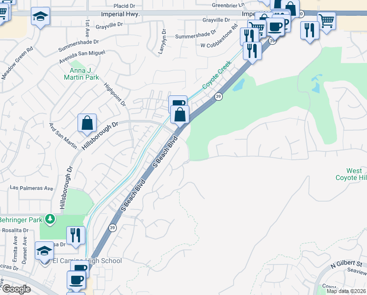 map of restaurants, bars, coffee shops, grocery stores, and more near 13706 Francisco Drive in La Mirada