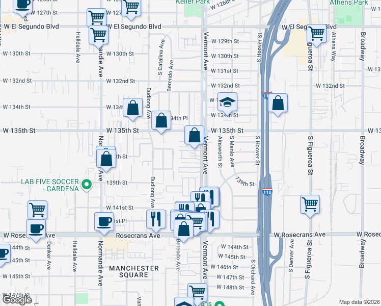 map of restaurants, bars, coffee shops, grocery stores, and more near 13619 Vermont Avenue in Gardena