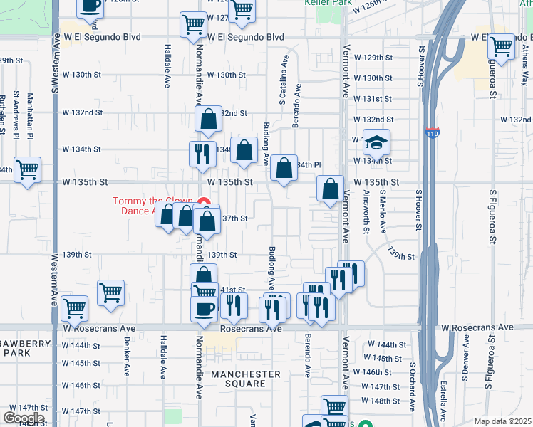 map of restaurants, bars, coffee shops, grocery stores, and more near 13628 Budlong Avenue in Gardena