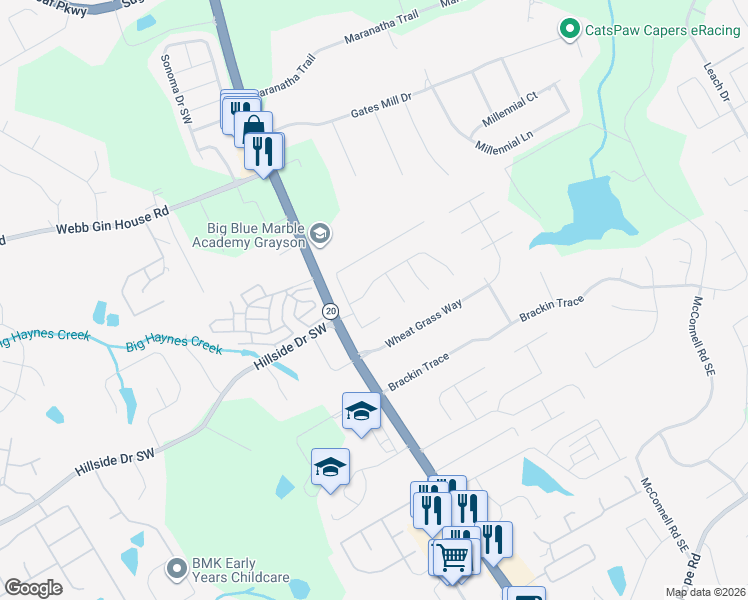 map of restaurants, bars, coffee shops, grocery stores, and more near 488 Ash Trace Lane in Grayson