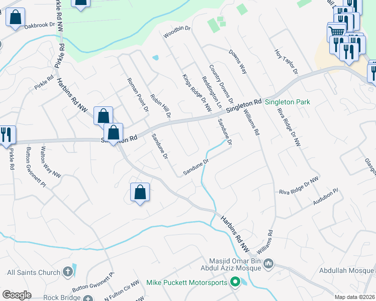 map of restaurants, bars, coffee shops, grocery stores, and more near 1144 Singleton Valley Circle in Norcross