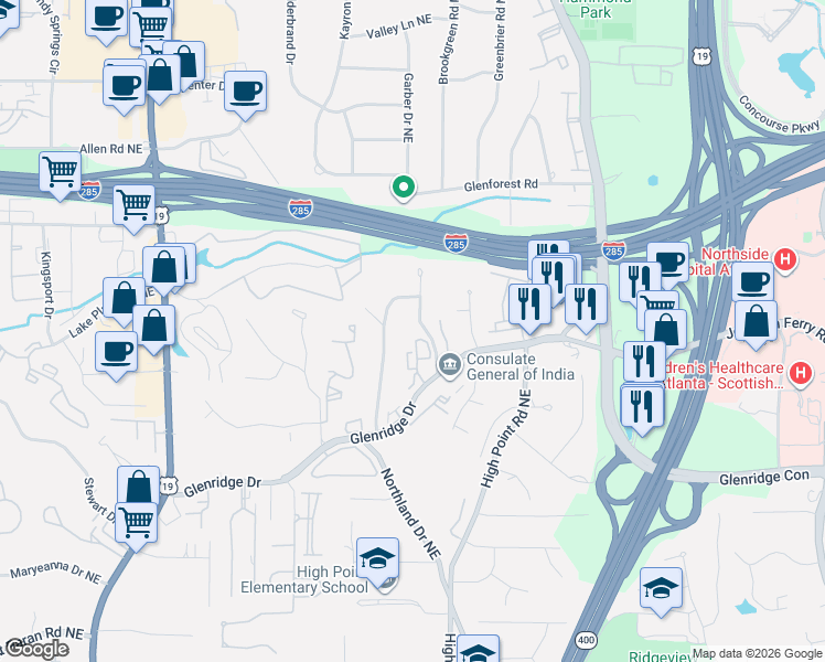 map of restaurants, bars, coffee shops, grocery stores, and more near 5592 Colton Drive Northeast in Atlanta