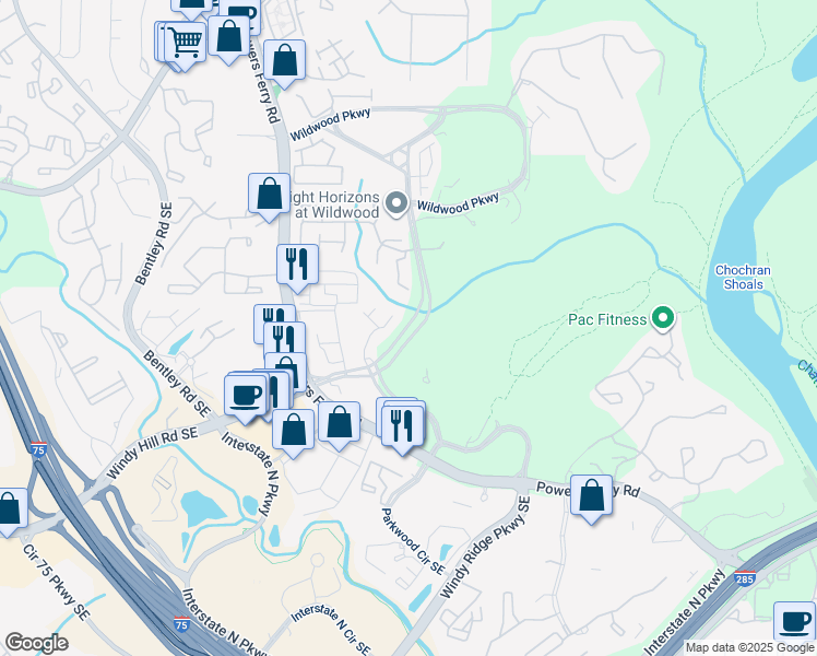 map of restaurants, bars, coffee shops, grocery stores, and more near 1875 Cedar Glenn Way in Atlanta