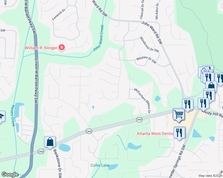 map of restaurants, bars, coffee shops, grocery stores, and more near 2184 Barwick Court Southwest in Marietta
