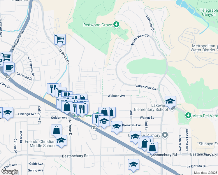 map of restaurants, bars, coffee shops, grocery stores, and more near 3751 Camino Cermenon in Yorba Linda