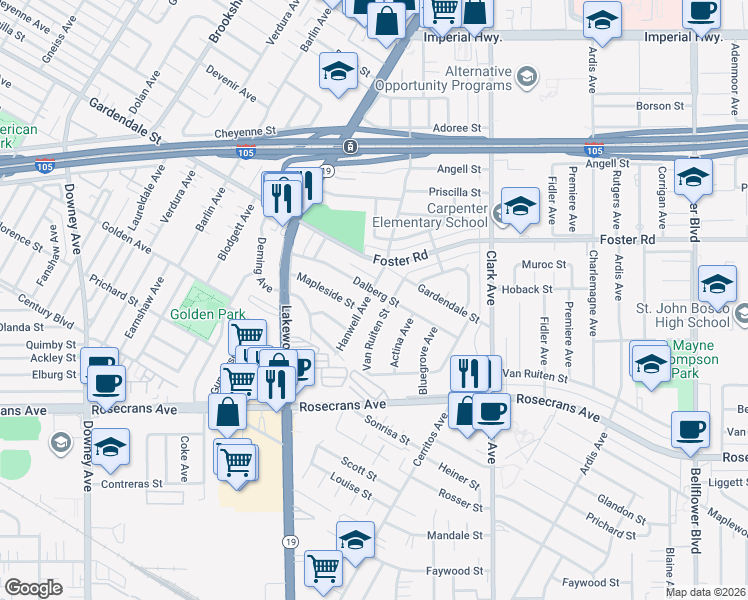 map of restaurants, bars, coffee shops, grocery stores, and more near 137 Birkhall Avenue in Bellflower