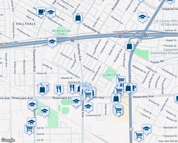 map of restaurants, bars, coffee shops, grocery stores, and more near 13610 Dempster Avenue in Downey