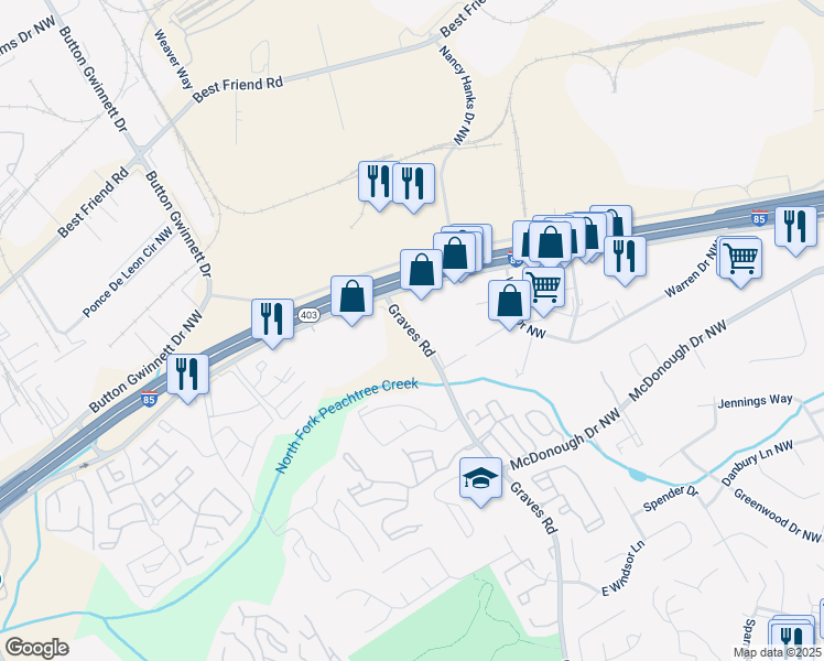 map of restaurants, bars, coffee shops, grocery stores, and more near 1950 Graves Road in Norcross