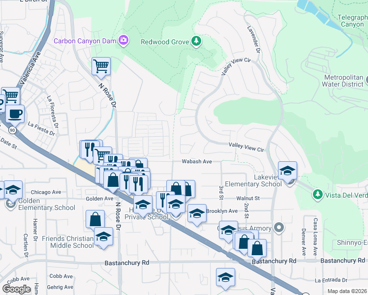 map of restaurants, bars, coffee shops, grocery stores, and more near 17068 Camino Galvez in Yorba Linda