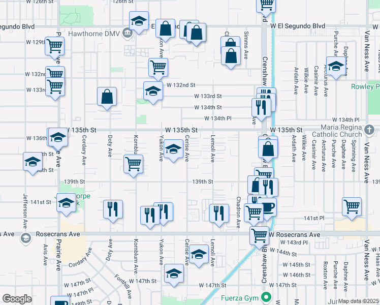 map of restaurants, bars, coffee shops, grocery stores, and more near 13616 Cerise Avenue in Hawthorne