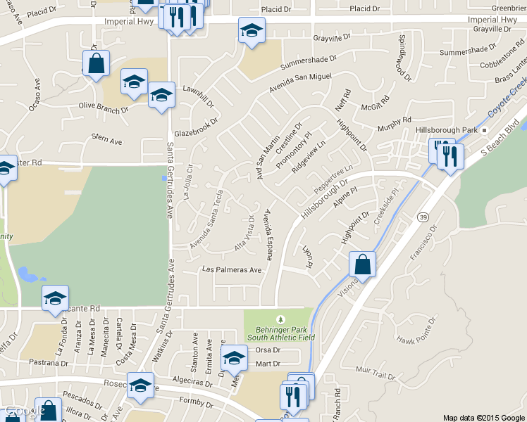 map of restaurants, bars, coffee shops, grocery stores, and more near 13629 Avenida Espana in La Mirada