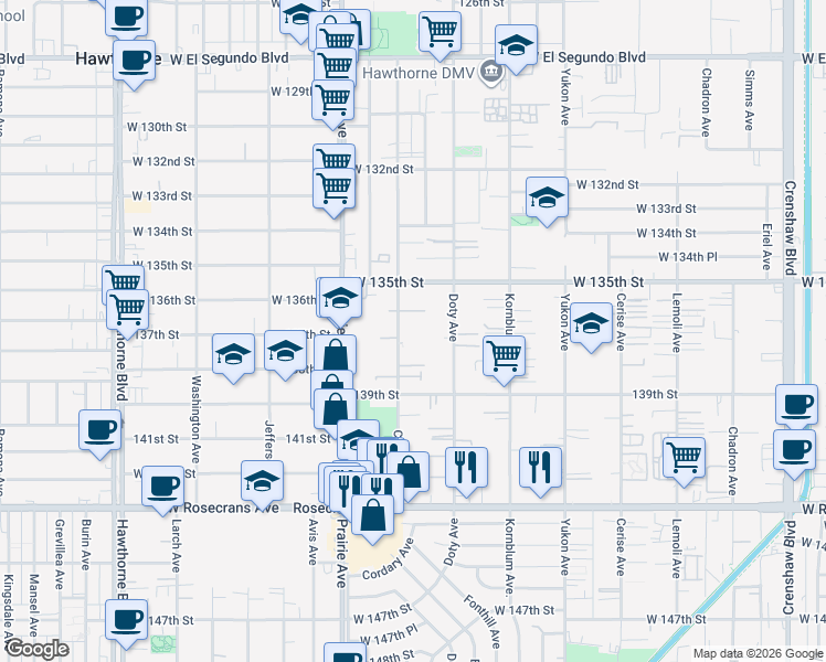 map of restaurants, bars, coffee shops, grocery stores, and more near 13614 Cordary Avenue in Hawthorne