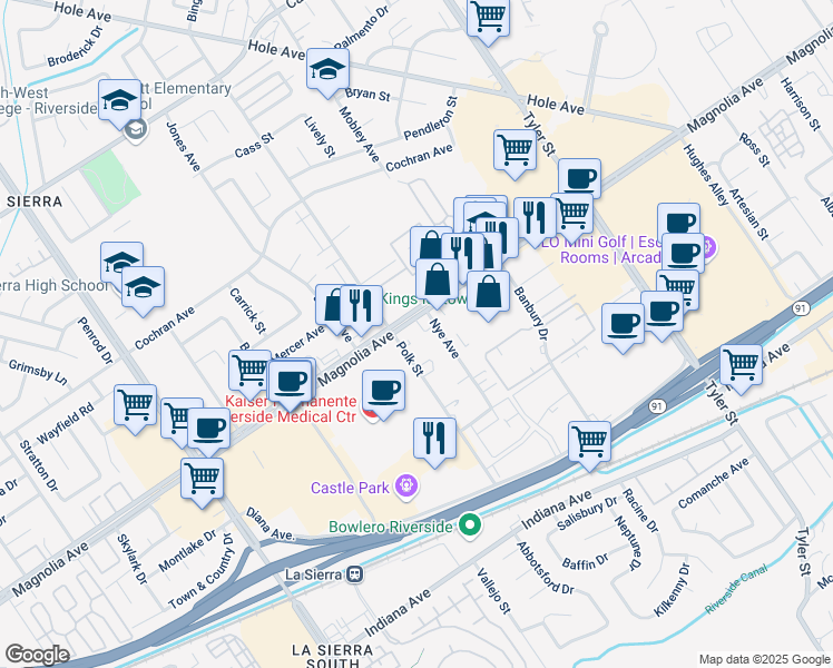 map of restaurants, bars, coffee shops, grocery stores, and more near 10650 Magnolia Avenue in Riverside