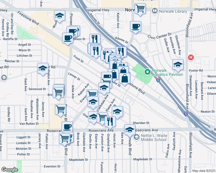map of restaurants, bars, coffee shops, grocery stores, and more near 13701 Clarkdale Avenue in Norwalk