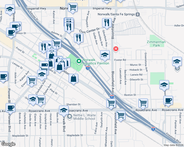 map of restaurants, bars, coffee shops, grocery stores, and more near 13601 Silverbow Avenue in Norwalk