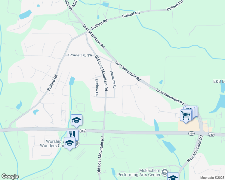 map of restaurants, bars, coffee shops, grocery stores, and more near 1886 Harmony Road in Powder Springs